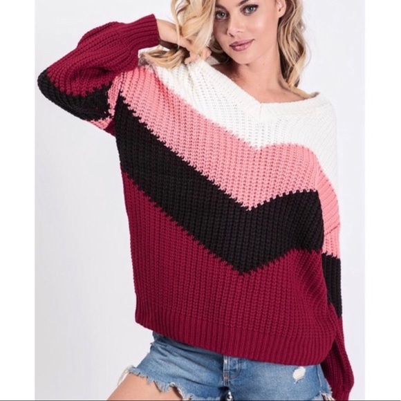 $ FIRM 🌷 Burgundy Chevron Colorblock Sweater - Picture 6 of 8